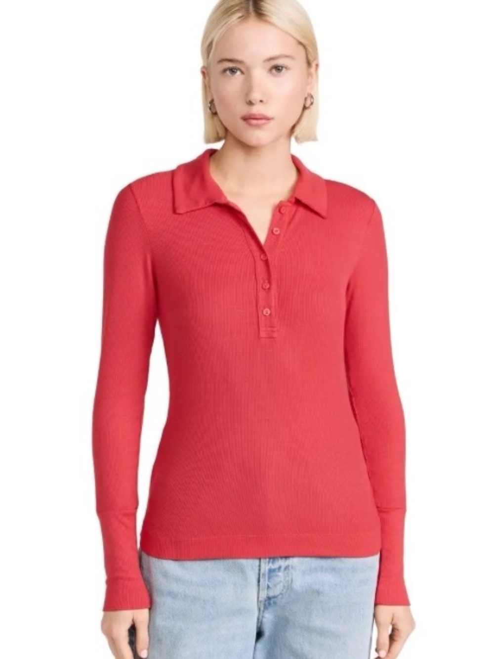 Stateside 2x1 Fine Rib Polo Shirt Size S Coral Ribbed Long Sleeve Collared Top